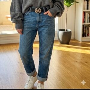 Michael Kors Black Leather Belt with Gold MK Round Buckle